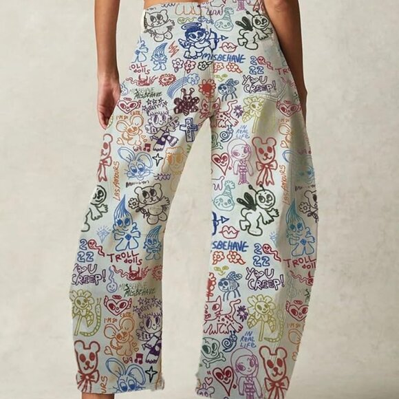 Crayon Drawing Baggy Wide Leg Barrel Horseshoe Jeans Pants - Picture 3 of 3